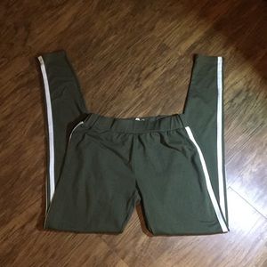 Begonia Army Green Leggings w/ Dble White Stripes